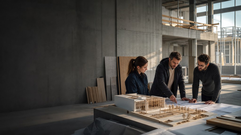 Équipe du bâtiment réunie autour d'une maquette et de plans