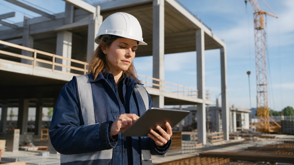 Conductrice de travaux utilisant une tablette sur le terrain