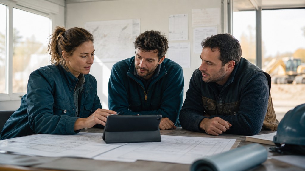 Équipe intergénérationnelle du bâtiment en atelier de travail